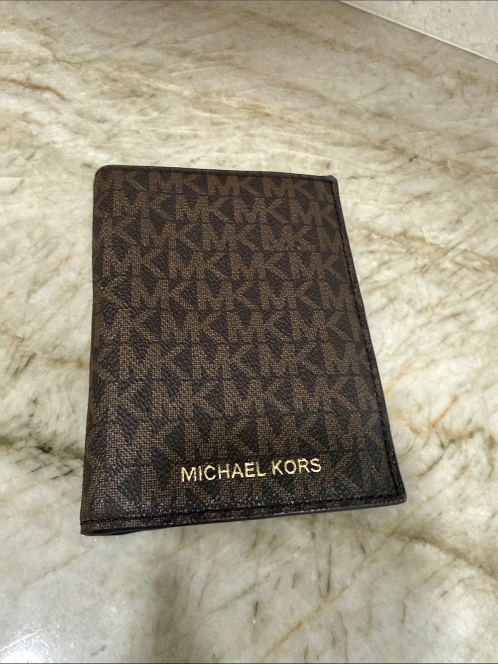 Michael Kors Brown MK Monogram Card & Passport Holder with Gold Logo